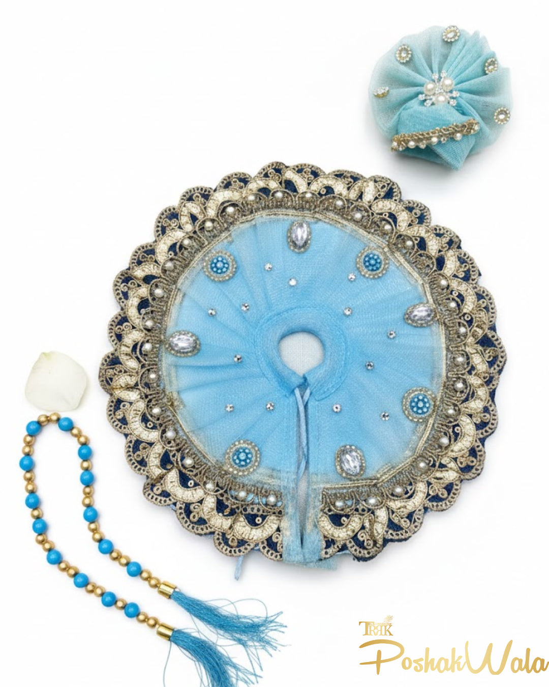 Sky Blue Net Laddu Gopal Poshak with Pagdi & Mala