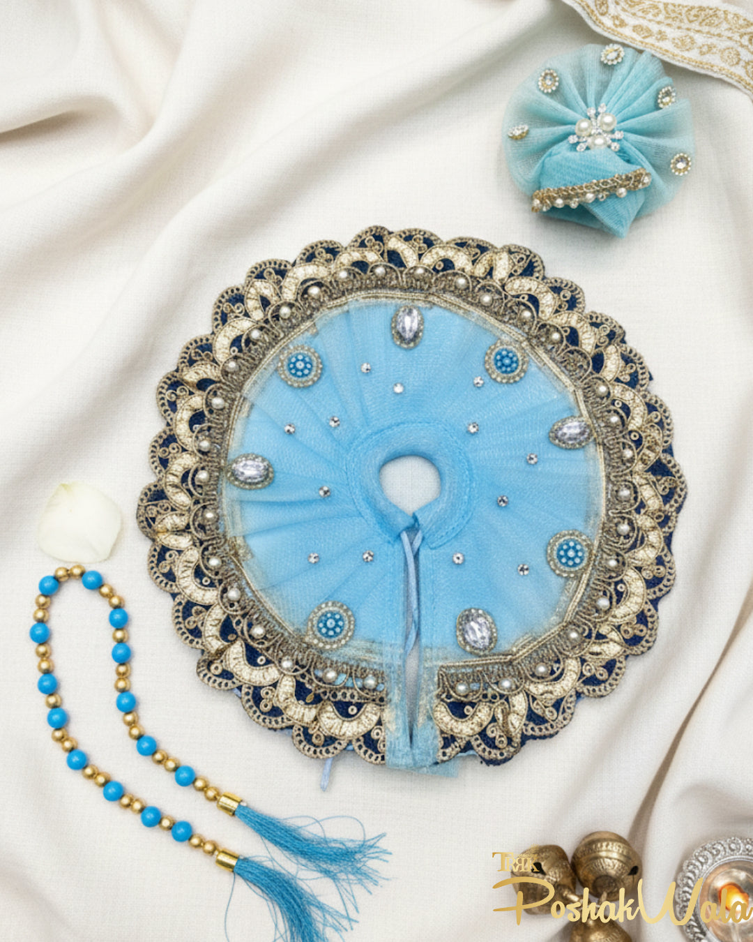 Sky Blue Net Laddu Gopal Poshak with Pagdi & Mala